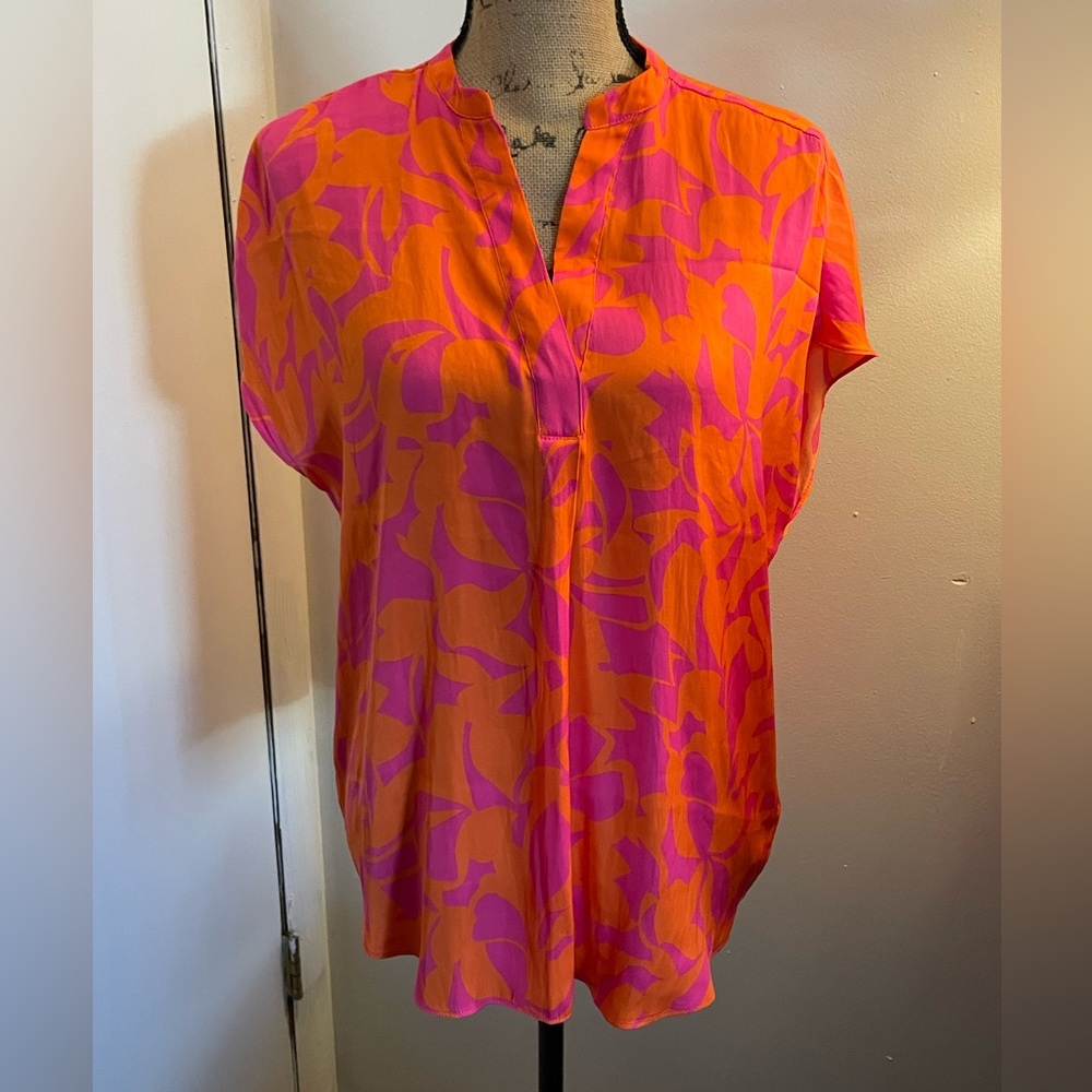 RACHEL Rachel Roy Pink and Orange Printed Split-Neck Blouse